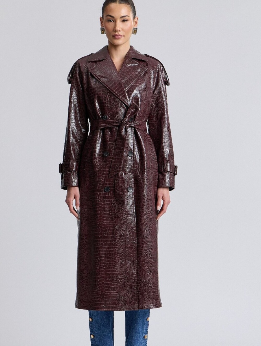 Avec Les Filles Dark Burgundy Croc-Embossed Trench Coat